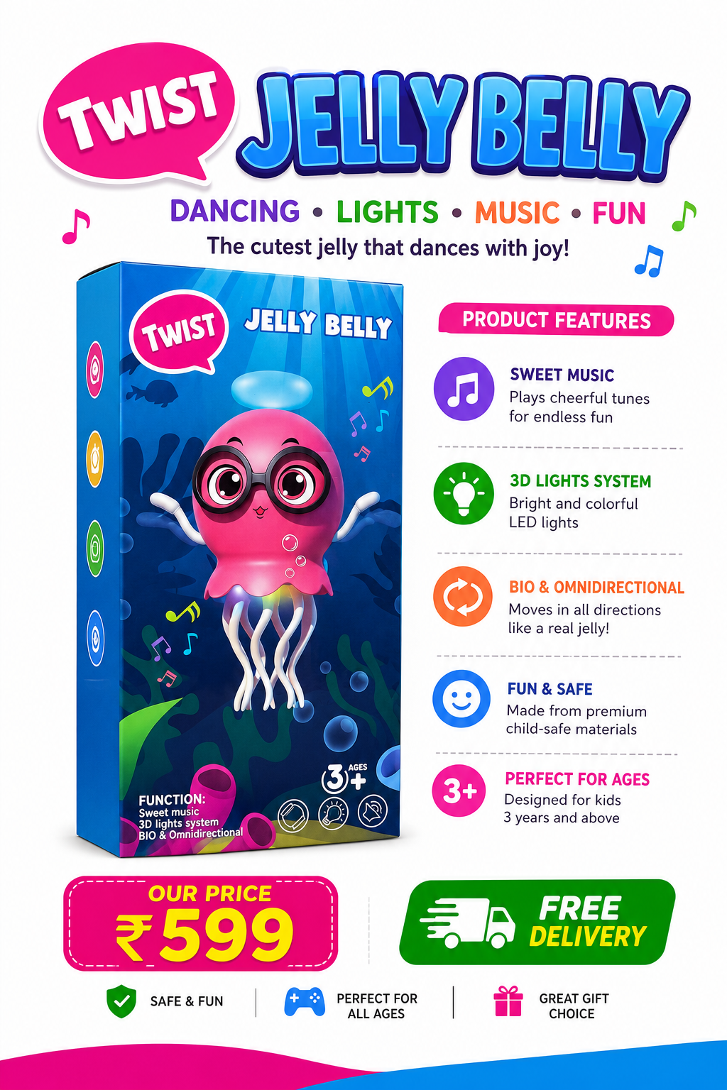 Twist Jelly Belly Musical Light-Up Toy | Dancing & Rotating Jellyfish | Ages 3+