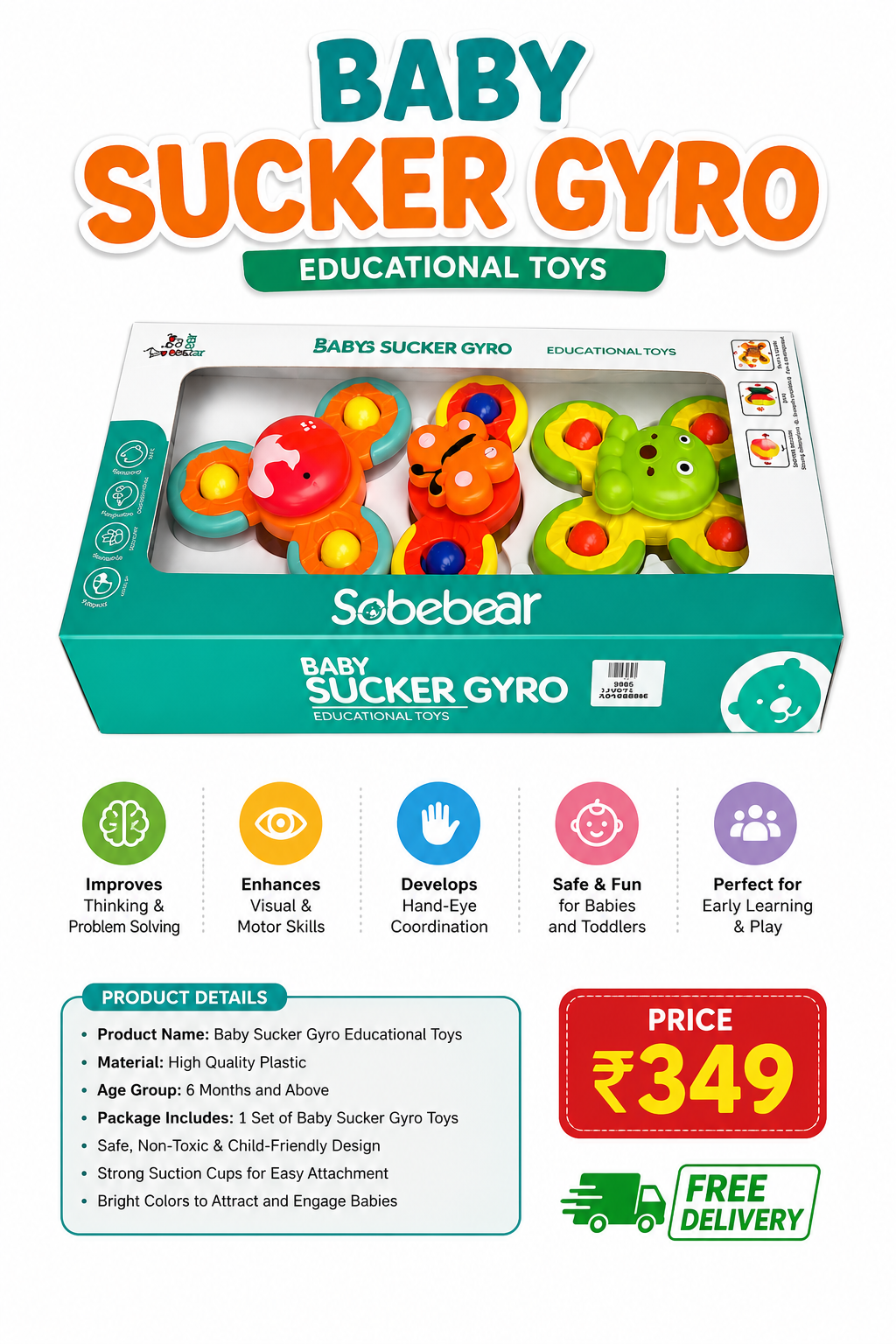 Sobebear Baby Sucker Gyro Educational Toy Set | 3-Piece Suction Spinner Toy