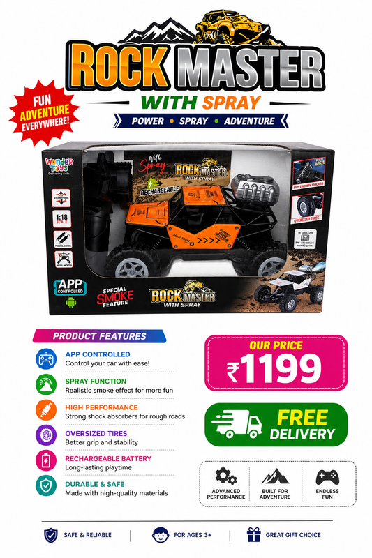 Rock Master RC Off-Road Car with Spray Smoke Feature | Rechargeable | App Controlled | 1:18 Scale