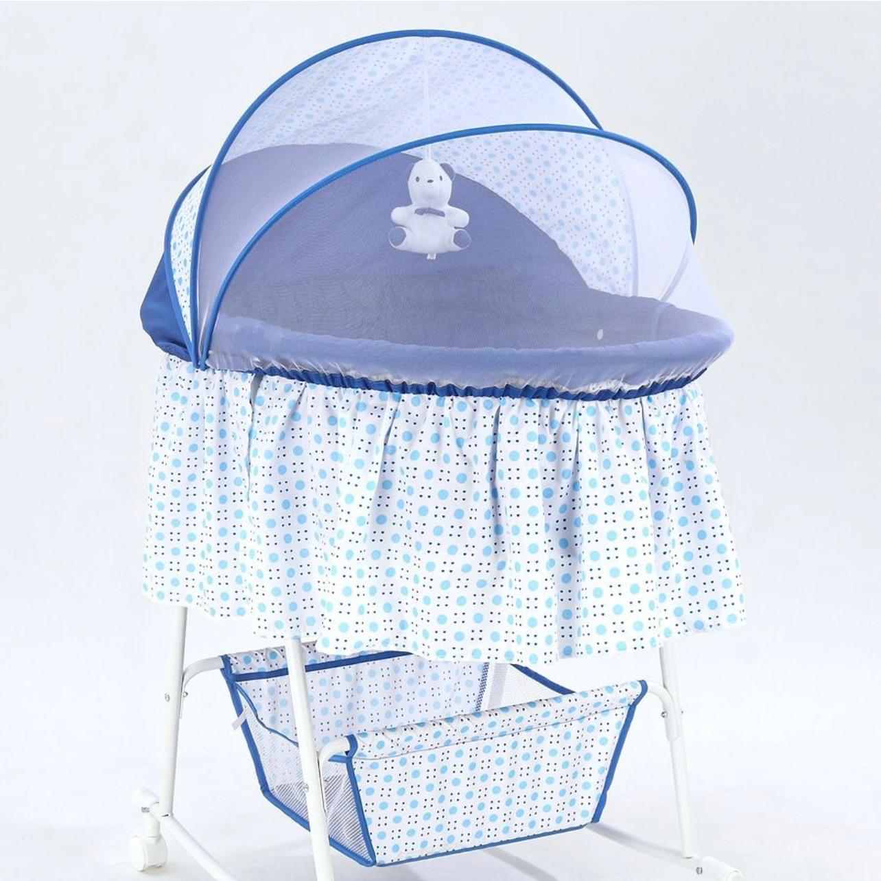 Baby Cradle with Mosquito Net & Storage| Storage Basket| Rocking Reature| Wheels with Lock| Soft Pillow